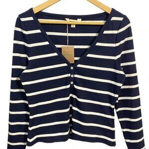 Boden Navy and White Striped Long Sleeve Ribbed Henley Shirt Women US 14 Large
